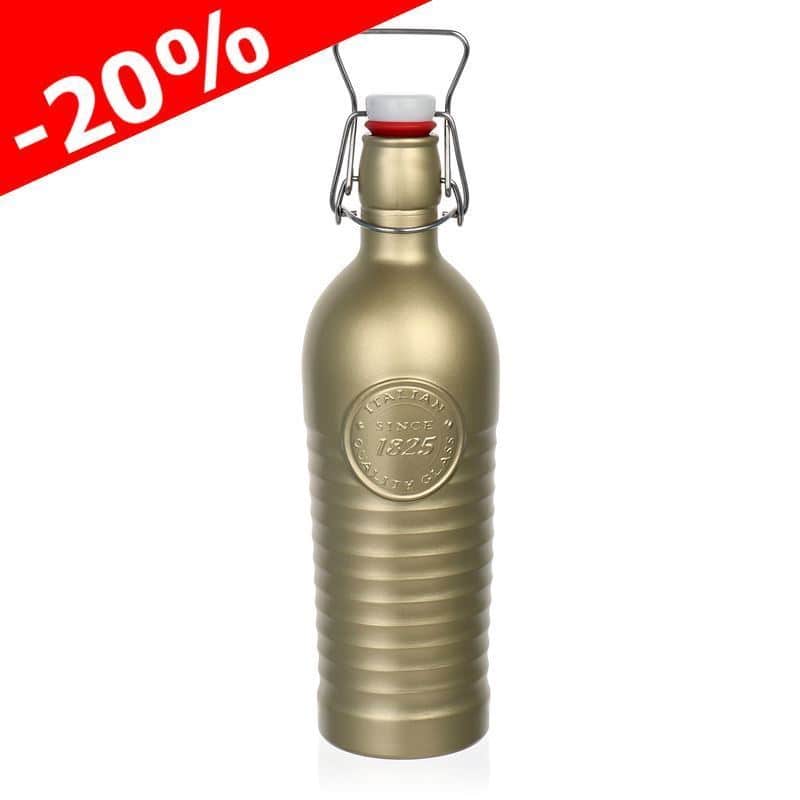 1200 ml stiklo butelis „Officina 1825“, aukso spalvos, uždaromas: Užspaudžiamuoju kamščiu