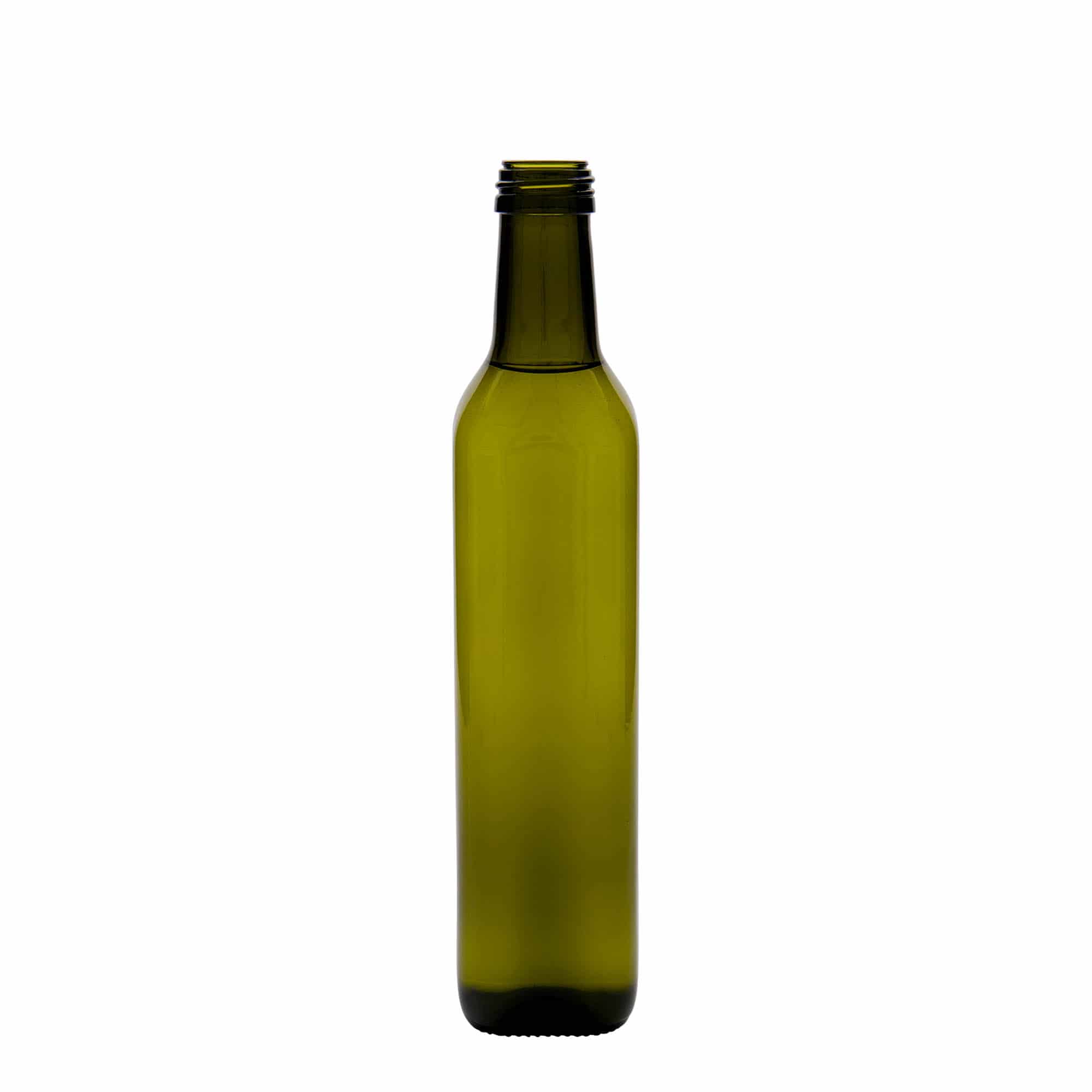 500 ml stiklo butelis „Marasca“, kvadrato formos, samanų žalios spalvos, uždaromas: PP 31,5