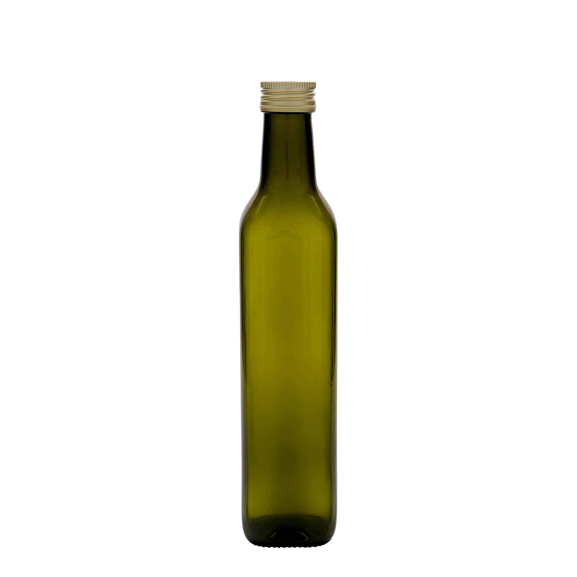 500 ml stiklo butelis „Marasca“, kvadrato formos, samanų žalios spalvos, uždaromas: PP 31,5