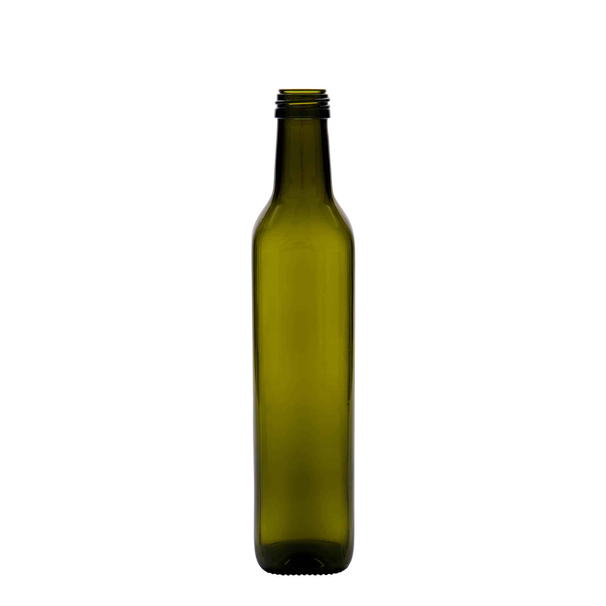 500 ml stiklo butelis „Marasca“, kvadrato formos, samanų žalios spalvos, uždaromas: PP 31,5