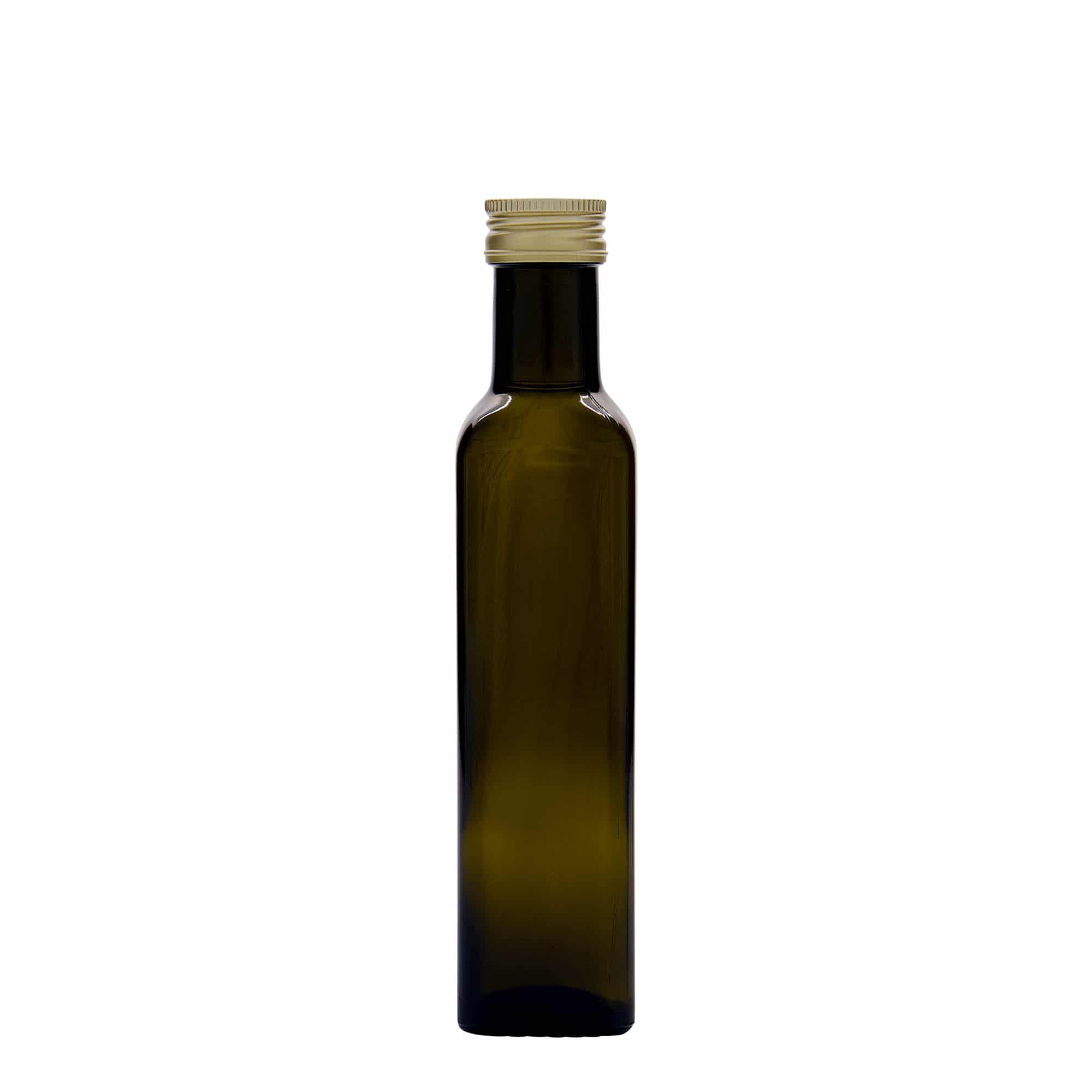 250 ml stiklo butelis „Marasca“, kvadrato formos, samanų žalios spalvos, uždaromas: PP 31,5